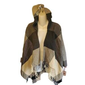 New Avoca Collection 100% Wool Ireland Cape Hooded Open Poncho Cloak Plaid